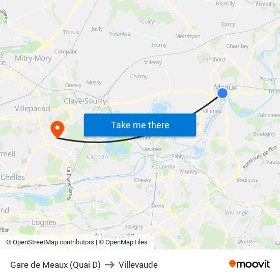 Gare de Meaux (Quai D) to Villevaude map