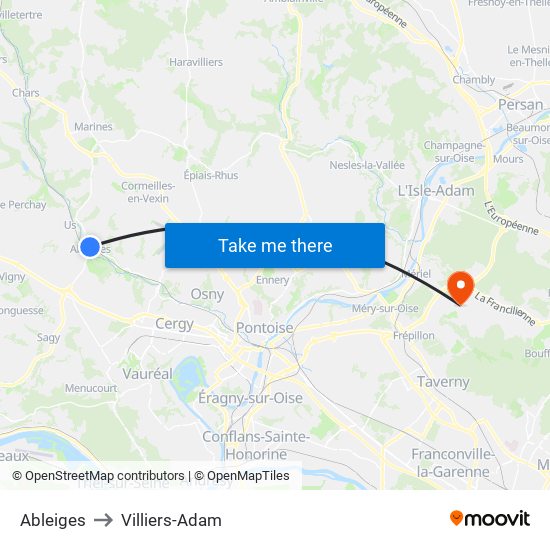 Ableiges to Villiers-Adam map