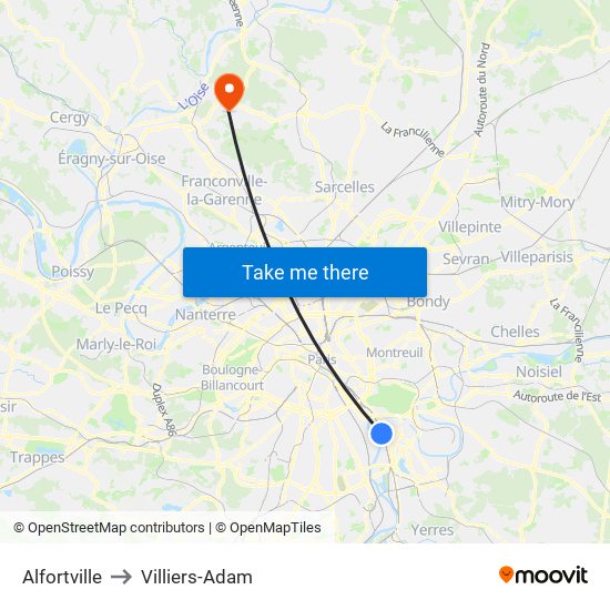 Alfortville to Villiers-Adam map