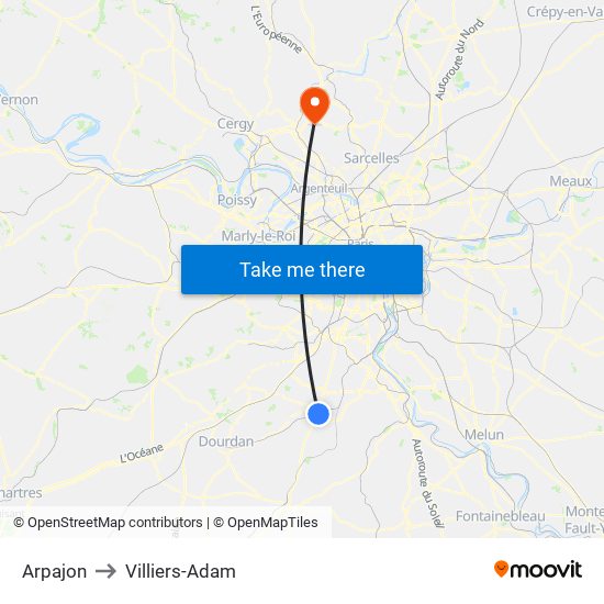Arpajon to Villiers-Adam map