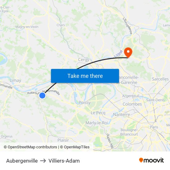 Aubergenville to Villiers-Adam map