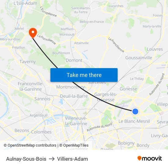 Aulnay-Sous-Bois to Villiers-Adam map