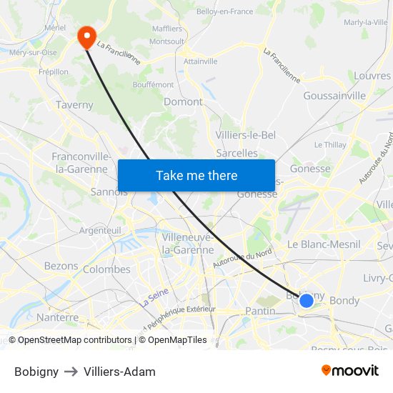 Bobigny to Villiers-Adam map