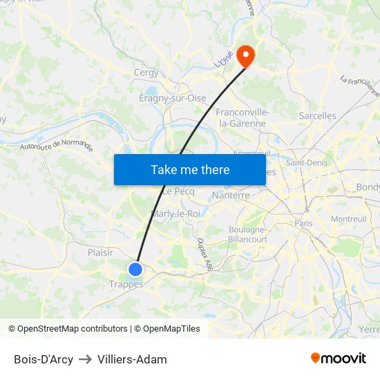 Bois-D'Arcy to Villiers-Adam map