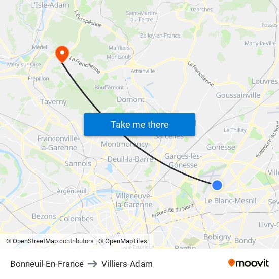 Bonneuil-En-France to Villiers-Adam map