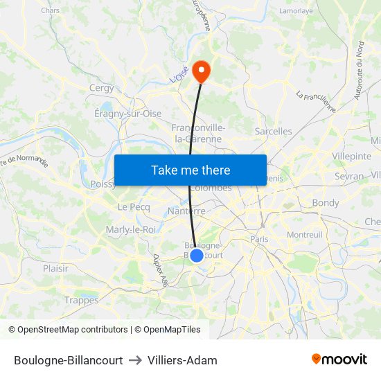 Boulogne-Billancourt to Villiers-Adam map