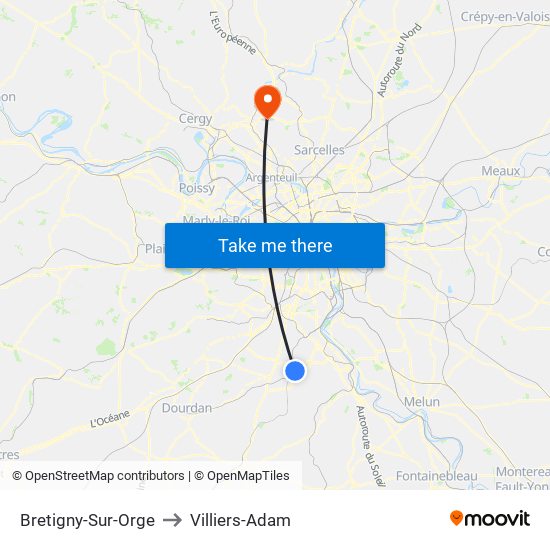 Bretigny-Sur-Orge to Villiers-Adam map