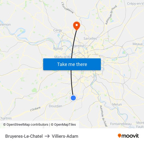 Bruyeres-Le-Chatel to Villiers-Adam map