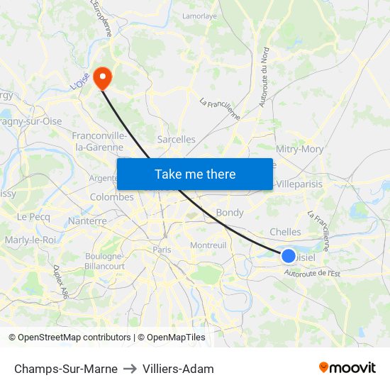 Champs-Sur-Marne to Villiers-Adam map