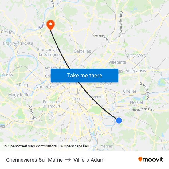 Chennevieres-Sur-Marne to Villiers-Adam map