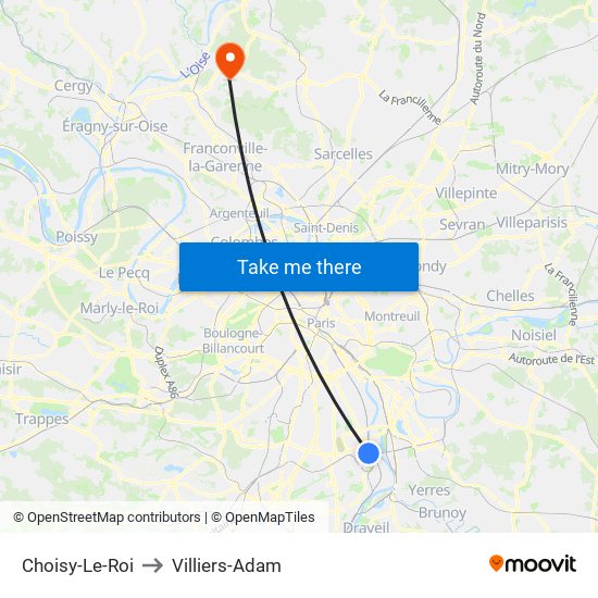 Choisy-Le-Roi to Villiers-Adam map
