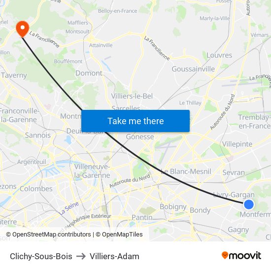 Clichy-Sous-Bois to Villiers-Adam map