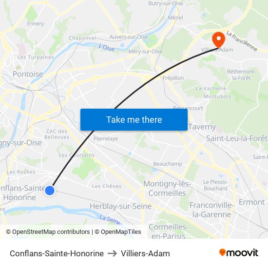 Conflans-Sainte-Honorine to Villiers-Adam map