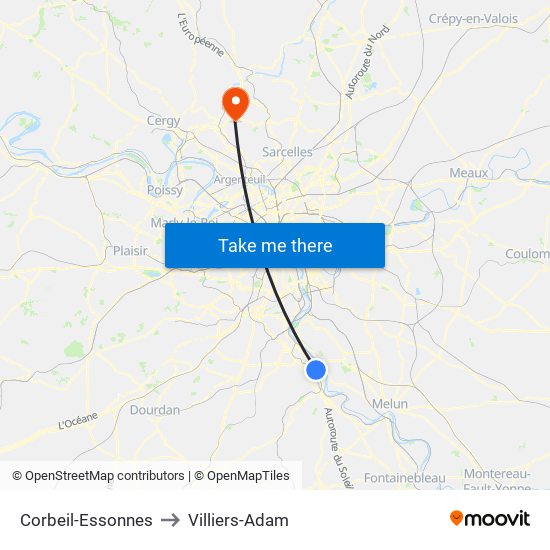 Corbeil-Essonnes to Villiers-Adam map