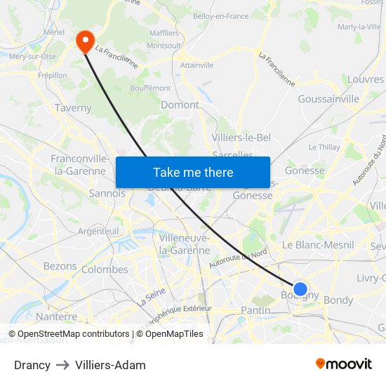 Drancy to Villiers-Adam map