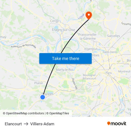 Elancourt to Villiers-Adam map