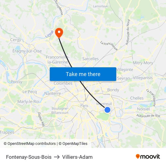 Fontenay-Sous-Bois to Villiers-Adam map