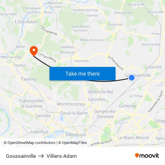 Goussainville to Villiers-Adam map