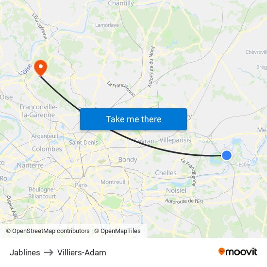 Jablines to Villiers-Adam map