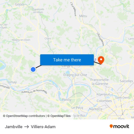 Jambville to Villiers-Adam map