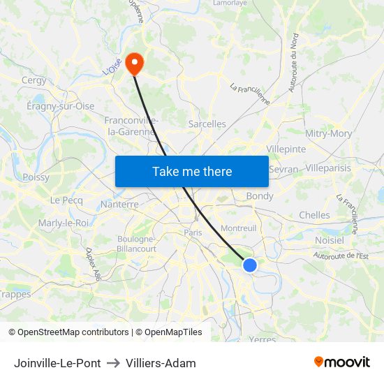 Joinville-Le-Pont to Villiers-Adam map
