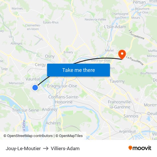 Jouy-Le-Moutier to Villiers-Adam map