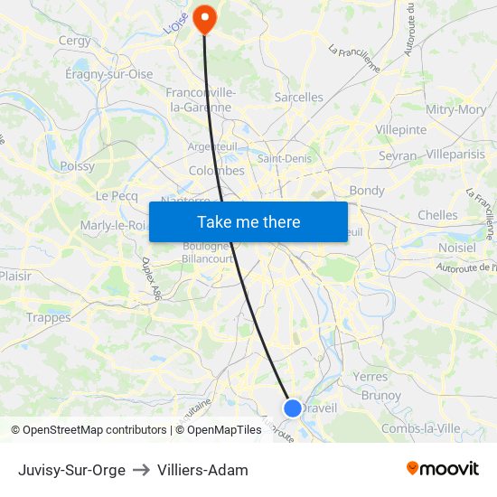 Juvisy-Sur-Orge to Villiers-Adam map