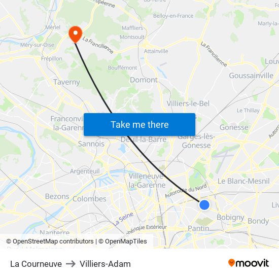 La Courneuve to Villiers-Adam map