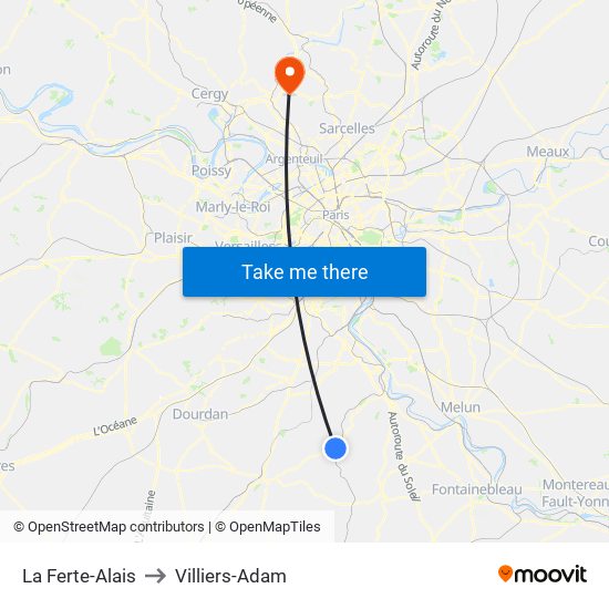 La Ferte-Alais to Villiers-Adam map