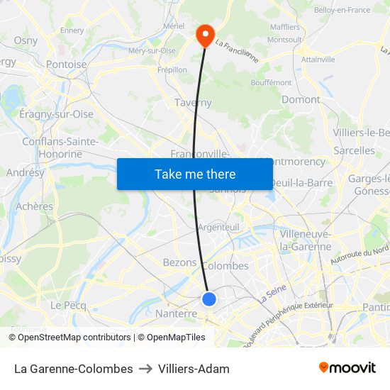 La Garenne-Colombes to Villiers-Adam map