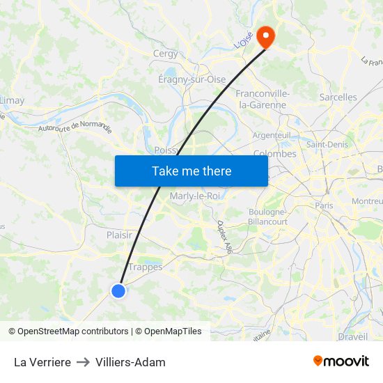 La Verriere to Villiers-Adam map