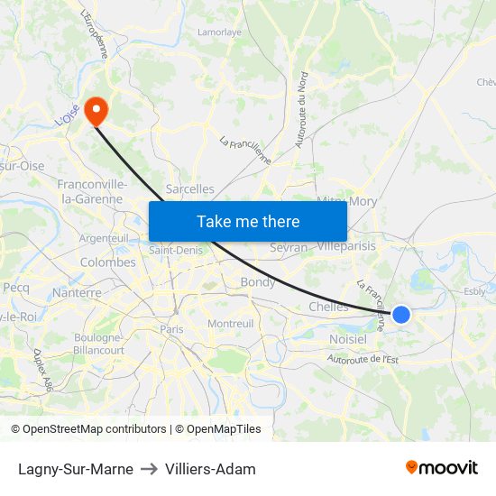 Lagny-Sur-Marne to Villiers-Adam map