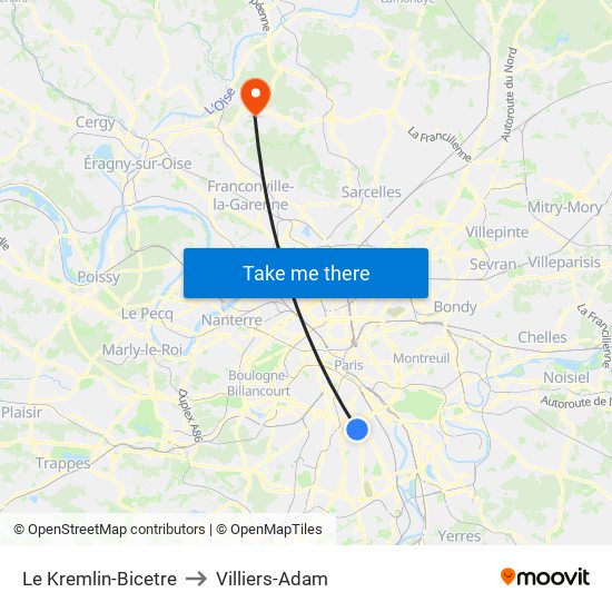 Le Kremlin-Bicetre to Villiers-Adam map