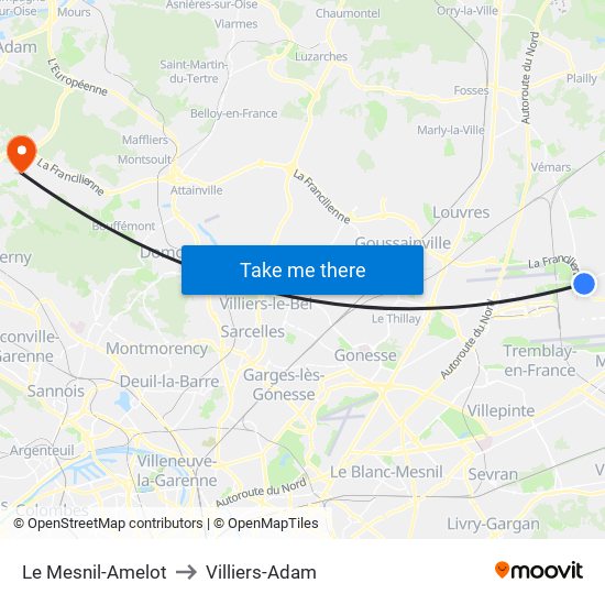 Le Mesnil-Amelot to Villiers-Adam map