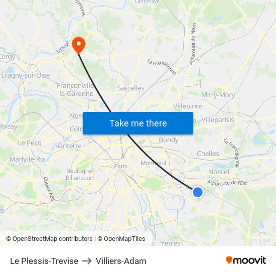 Le Plessis-Trevise to Villiers-Adam map