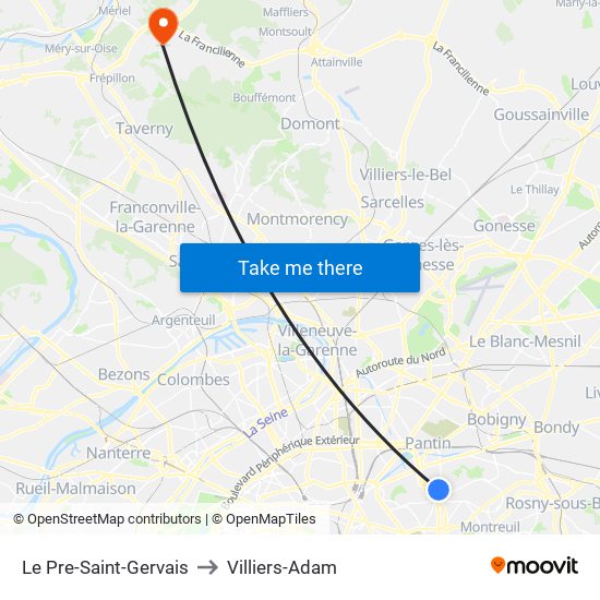Le Pre-Saint-Gervais to Villiers-Adam map