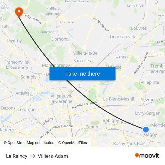 Le Raincy to Villiers-Adam map