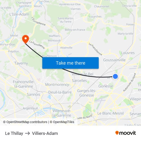 Le Thillay to Villiers-Adam map