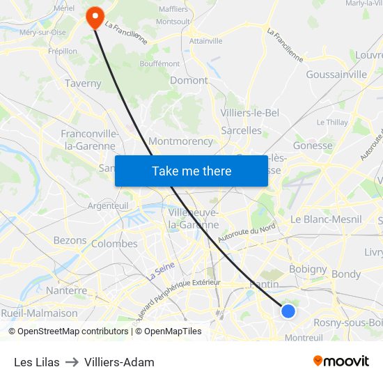Les Lilas to Villiers-Adam map