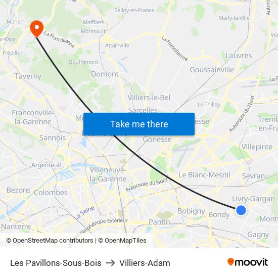 Les Pavillons-Sous-Bois to Villiers-Adam map