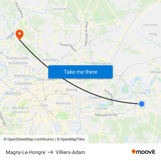 Magny-Le-Hongre to Villiers-Adam map