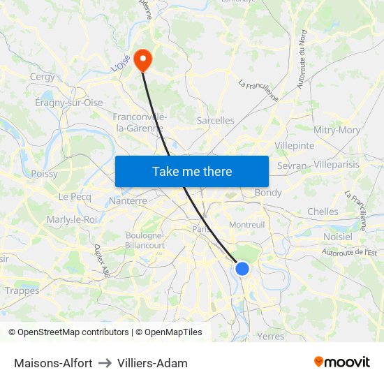 Maisons-Alfort to Villiers-Adam map