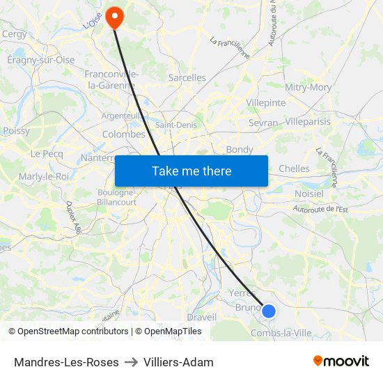 Mandres-Les-Roses to Villiers-Adam map