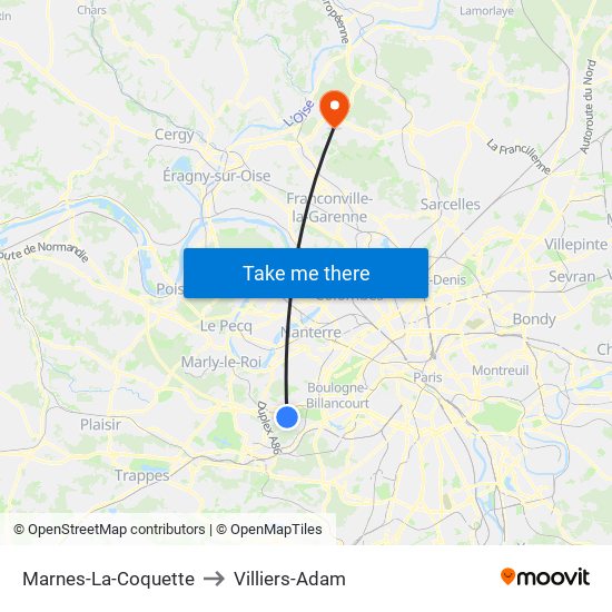 Marnes-La-Coquette to Villiers-Adam map