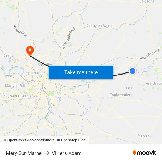 Mery-Sur-Marne to Villiers-Adam map
