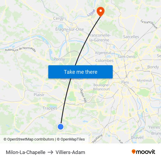 Milon-La-Chapelle to Villiers-Adam map