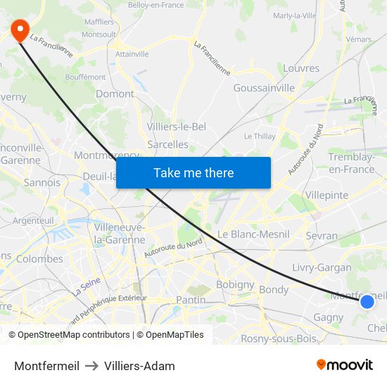 Montfermeil to Villiers-Adam map