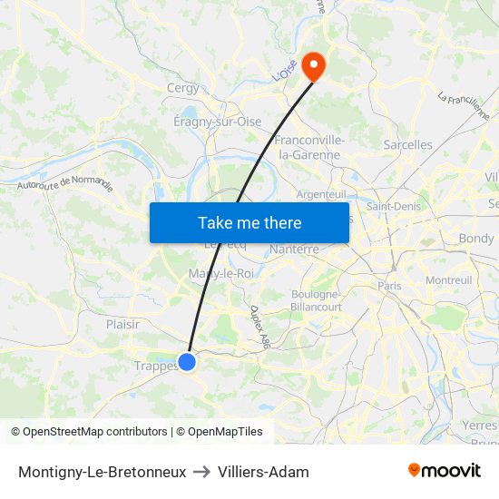 Montigny-Le-Bretonneux to Villiers-Adam map