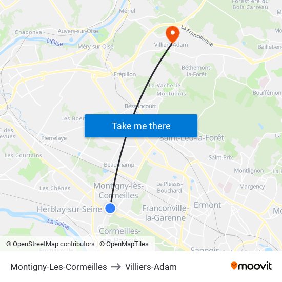 Montigny-Les-Cormeilles to Villiers-Adam map