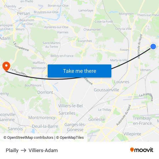 Plailly to Villiers-Adam map